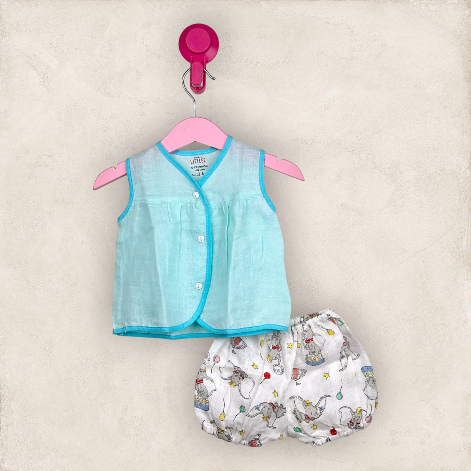 Muslin Jabla Blue Front Open Yoke Frock With Bloomers/0-6 Month