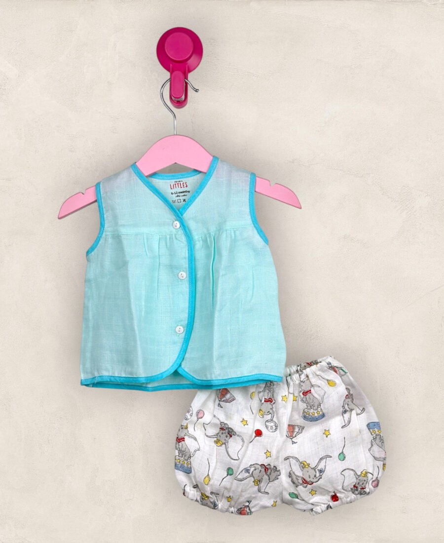 Muslin Jabla Blue Yoke Frock-Front Open With Bloomers/0-6 Month