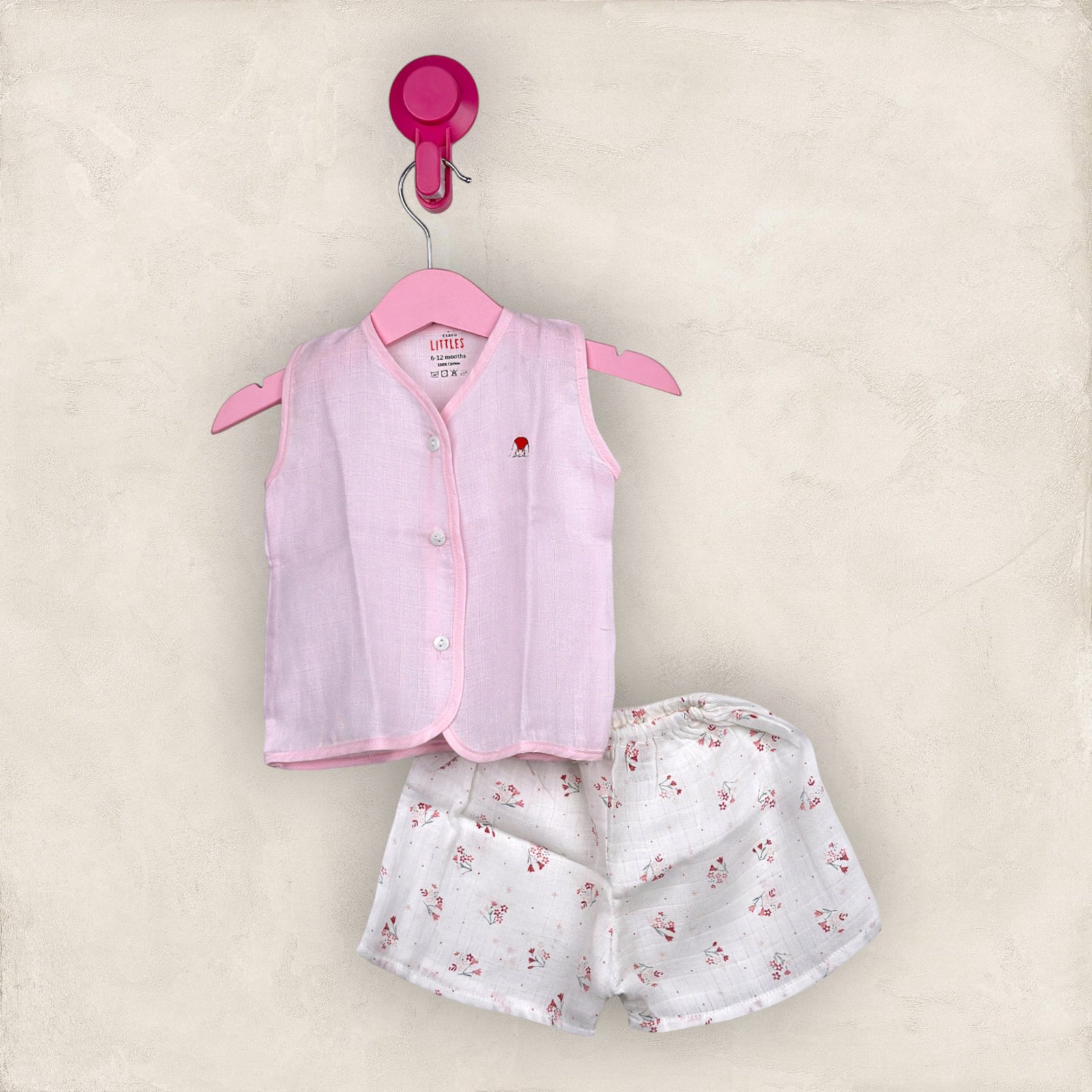 Muslin Jabla Pink Sleeveless With Normal Shorts/6-12 Month
