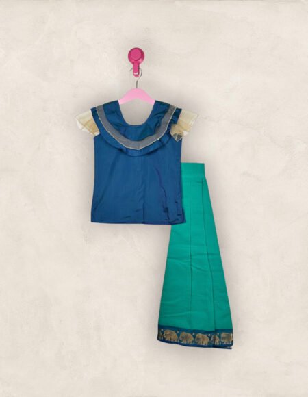 Turquoise Green Pavadai And Net Collar Chattai/11-12 Years