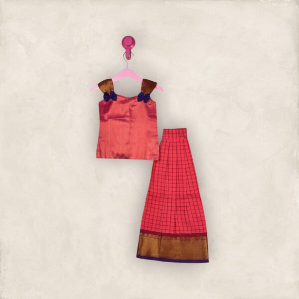 Pink Checked Skirt With Purple Bow Chattai/3-4 Years