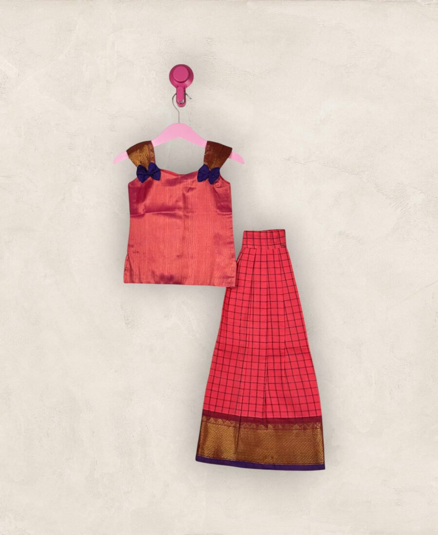 Pink Checked Skirt With Purple Bow Chattai/3-4 Years