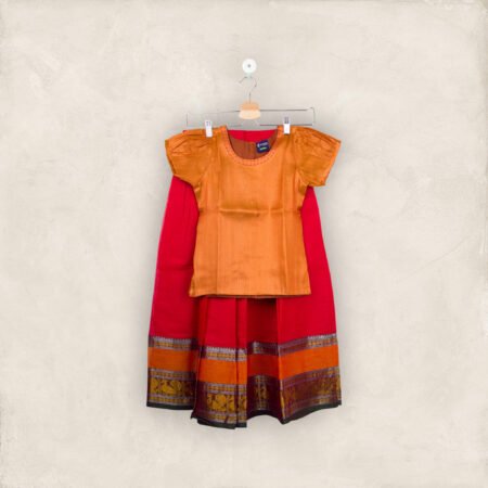 Maroon Big Border Pavadai With Rust Embroidered Chattai(  Pavadai Cotton & Chattai Jasmine Silk) /9_10 Years