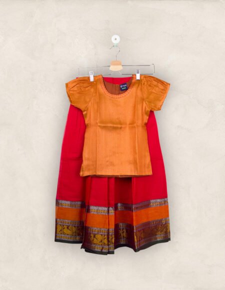 Maroon Big Border Pavadai With Rust Embroidered Chattai(  Pavadai Cotton & Chattai Jasmine Silk) /9_10 Years