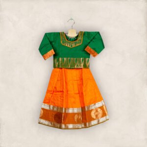 Mango Orange Big Border Pavadai with Bottle Green Short Chattai/11_12 Years
