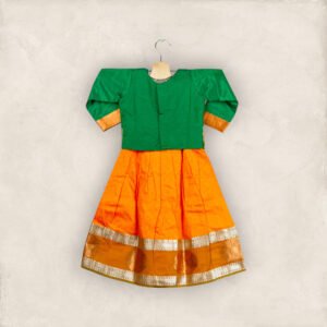 Mango Orange Big Border Pavadai with Bottle Green Short Chattai/11_12 Years
