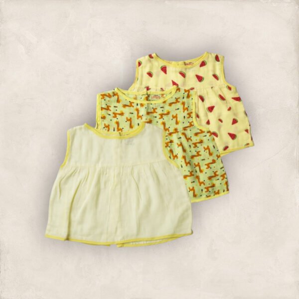 Muslin Jabla Yellow Set Yoke Frock - Back Open Set of 3/0_6 Months