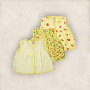 Muslin Jabla Yellow Set Yoke Frock - Front Open Set of 3/6_12 Months