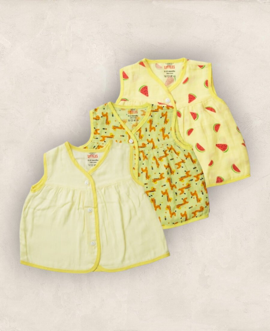 Muslin Jabla Yellow Set Yoke Frock - Front Open Set of 3/6_12 Months