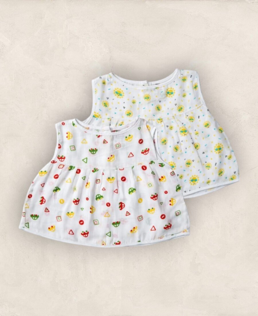 Muslin Jabla White Set Yoke Frock-Back Open Set of 2/6-12 Months