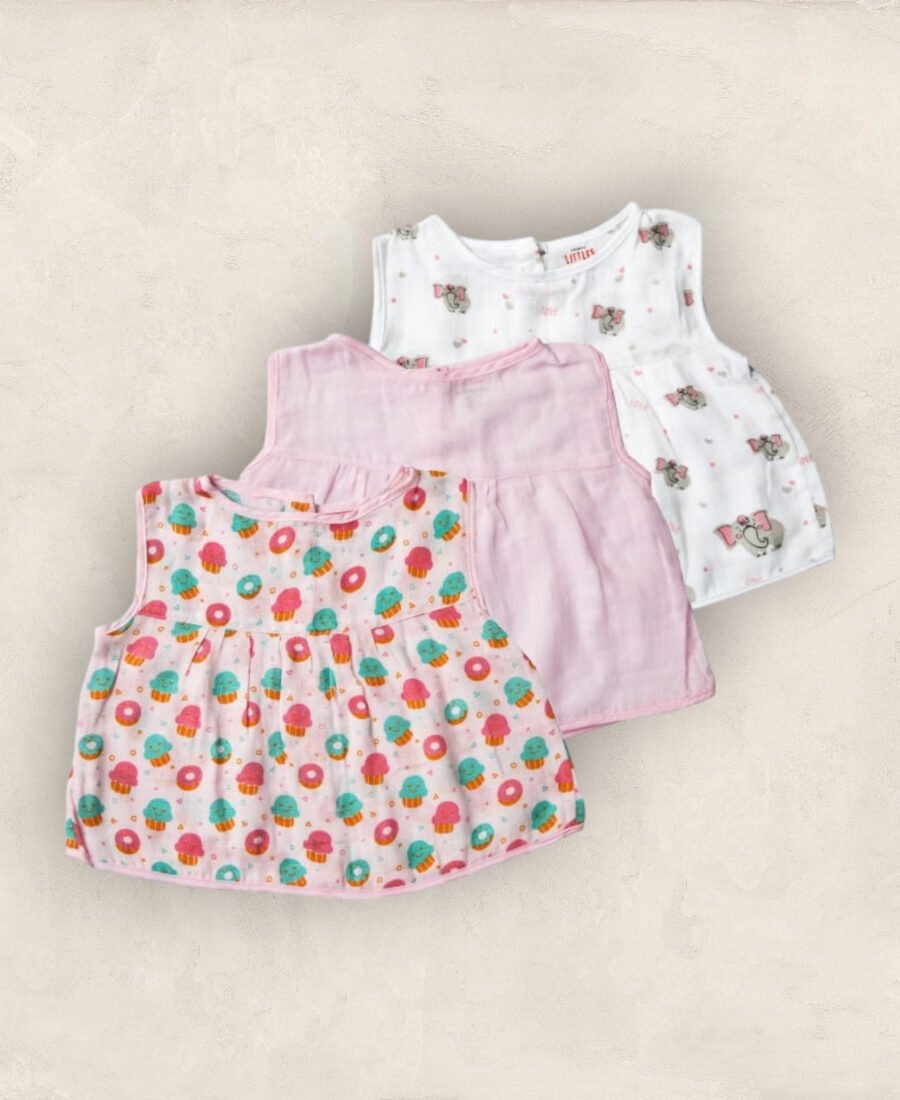Muslin Jabla  Pink Set Yoke Frock-Back Open Set of 3/6_12 Months