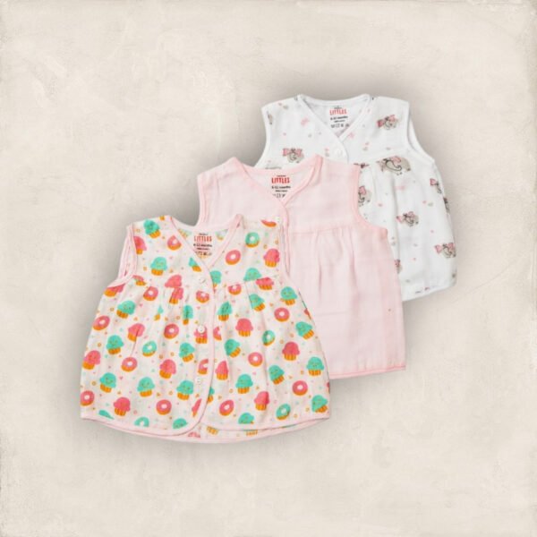 Muslin Jabla Pink  Yoke Frock-Front Open Set of 3 /0-6 Months