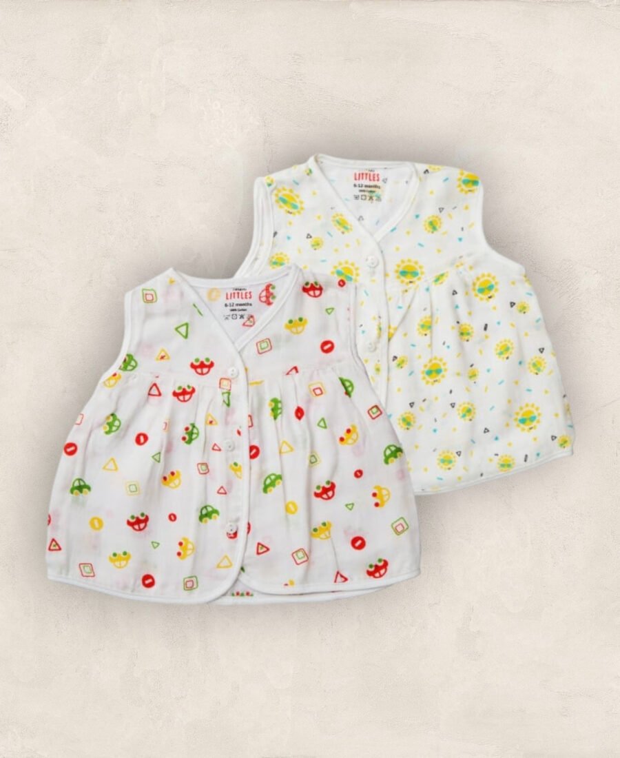 Muslin Jabla White Set Yoke Frock-Front Open Set of 2/6_12 Months