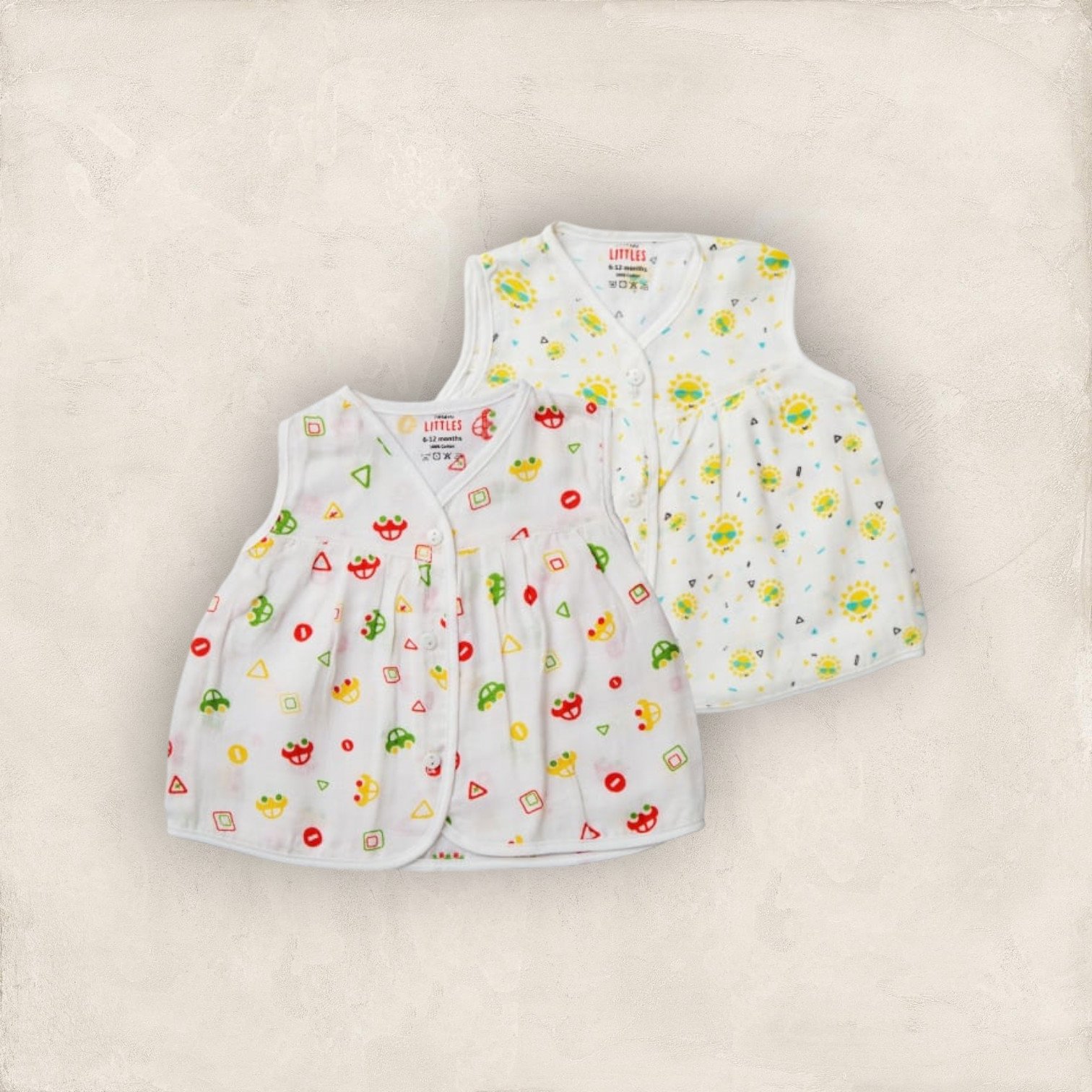 Muslin Jabla  White Set Yoke Frock-Front Open Set of 2/0-6 Months