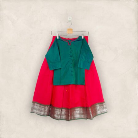 Red Pavadai With Green Chattai Piping Neck ( Pavadai Cotton & Chattai Jasmine Silk) / 9_10Years