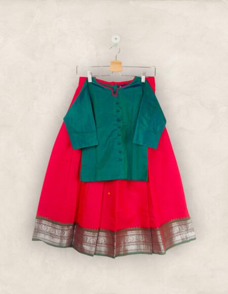 Red Pavadai With Green Chattai Piping Neck ( Pavadai Cotton & Chattai Jasmine Silk) / 9_10Years