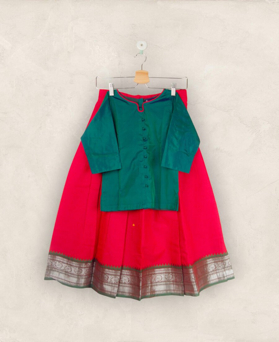 Red Pavadai With Green Chattai Piping Neck ( Pavadai Cotton & Chattai Jasmine Silk) / 9_10Years