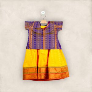 Lemon Yellow Pavadai and Royal Blue Chattai with a Striped Border Neck/3_4 Years