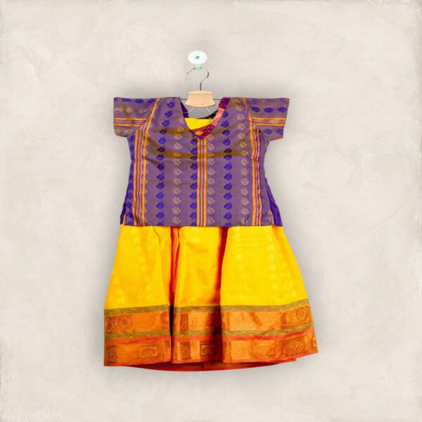 Lemon Yellow Pavadai and Royal Blue Chattai with a Striped Border Neck/5_6 Years