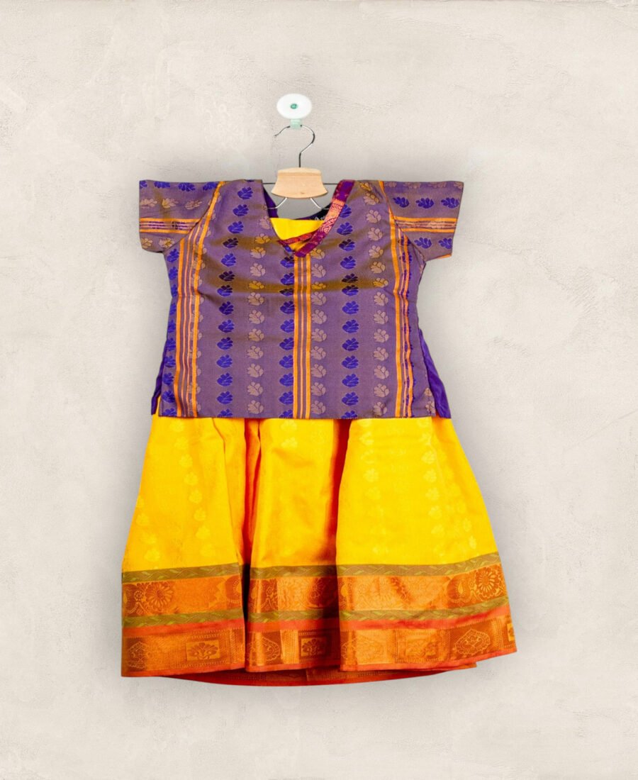 Lemon Yellow Pavadai and Royal Blue Chattai with a Striped Border Neck/5_6 Years