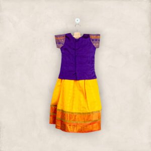 Lemon Yellow Pavadai and Royal Blue Chattai with a Striped Border Neck/5_6 Years