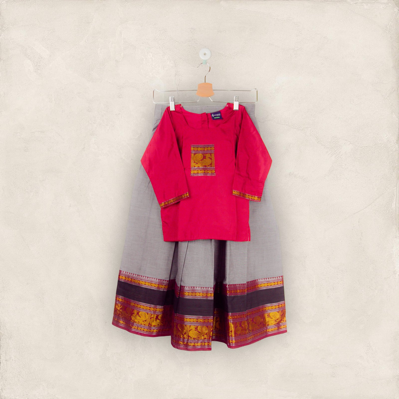 Grey Pavadai With Maroon Annam Patch Chattai ( Pavadai Cotton & Chattai Jasmine Silk )8_9Years