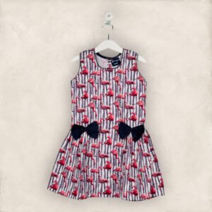 Red Crane Double Bow Frock In Cotton/6-7 Years