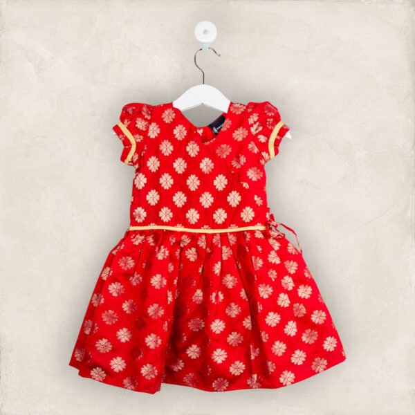 Red With Golden Flower Print Frock/2-3 Years
