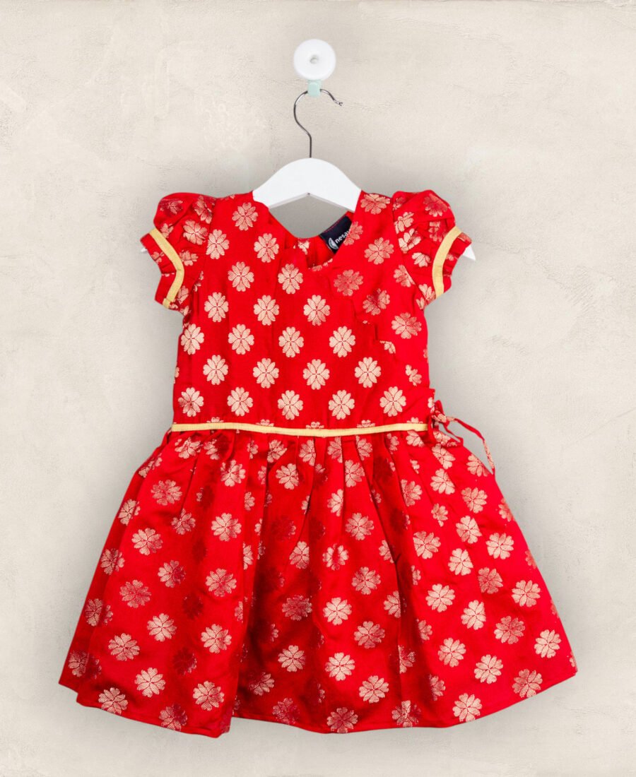 Red With Golden Flower Print Frock/2-3 Years