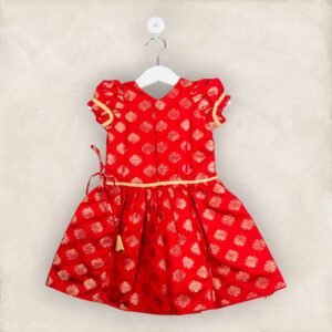 Red With Golden Flower Print Frock/2-3 Years