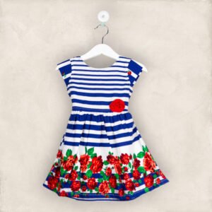Royal Blue And Red Flower Cotton Frock /1-2 Years