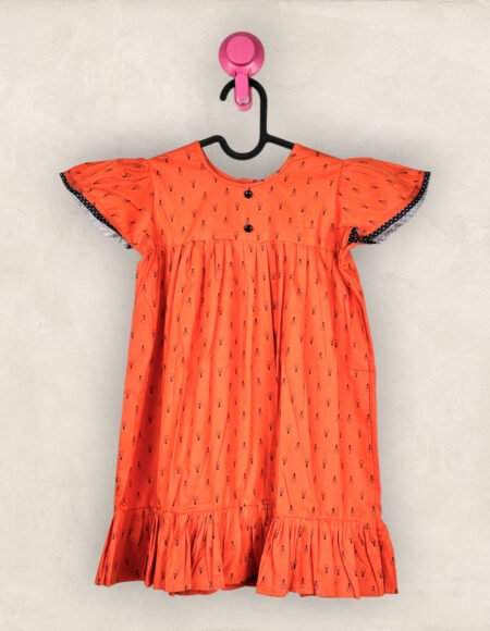 Orange Bulb Butterfly Sleeve Yoke Frock /9_10 years