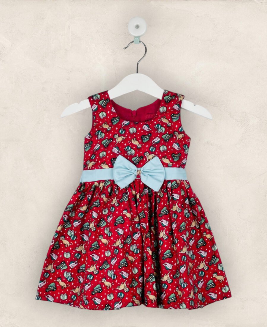 Red Christmas Frock With Green Bow/6-7 Years