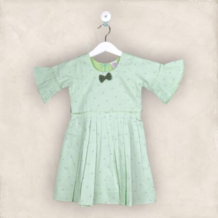 Pista Green And Grey Bow Frock In Cotton /6-7 Years