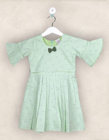 Pista Green And Grey Bow Frock In Cotton /6-7 Years