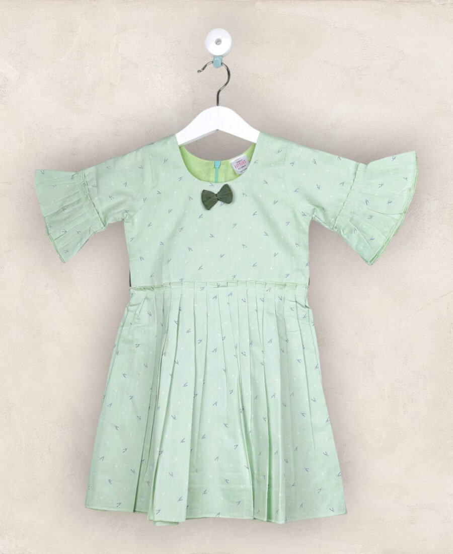 Pista Green And Grey Bow Frock In Cotton /6-7 Years