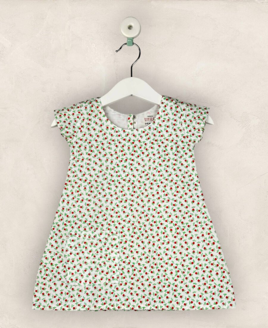 A-Line White And Red Flower Frock/3-4Years