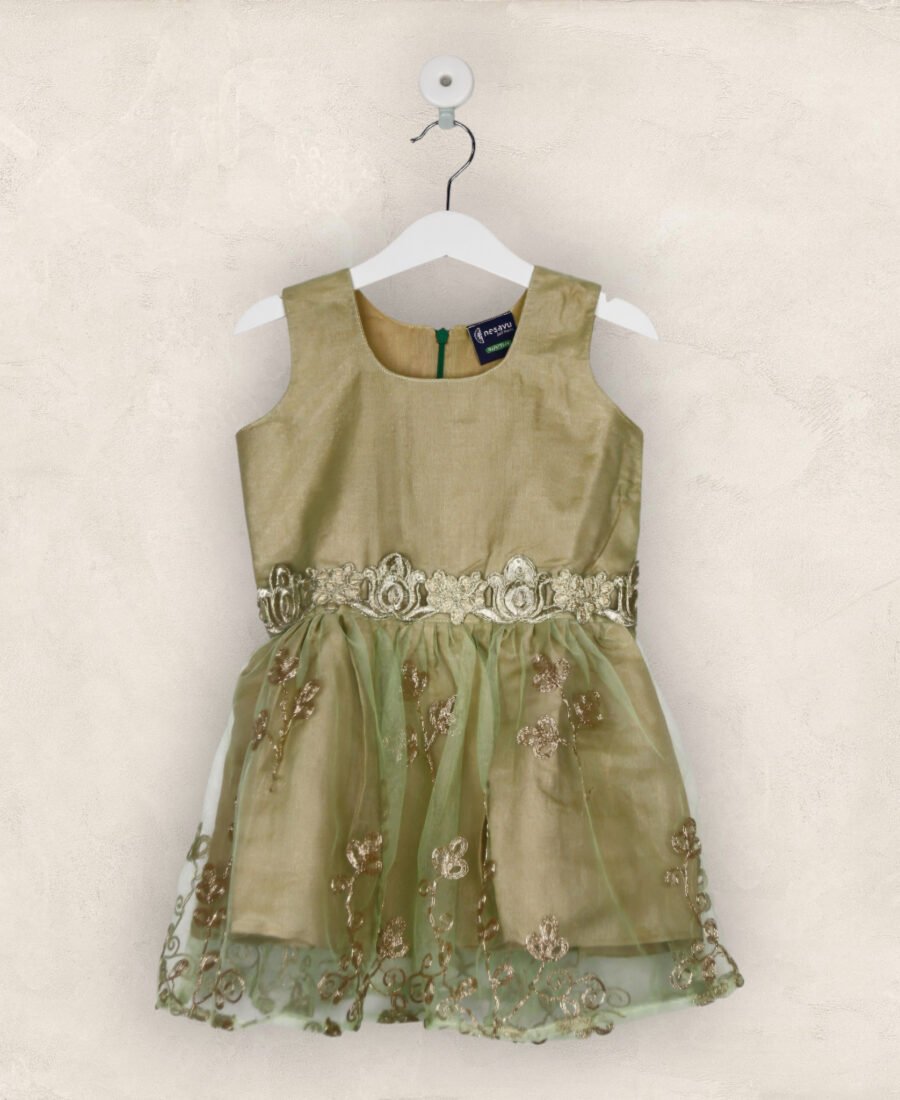 Green And Gold Net Party Frock/6-7 Years