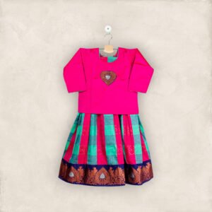 Pink and Green Checked Pavadai with Petal Pink Patch Work Chattai/5-6 Years