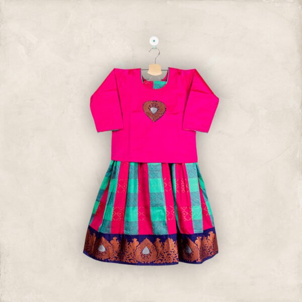 Pink and Green Checked Pavadai with Petal Pink Patch Work Chattai/5-6 Years