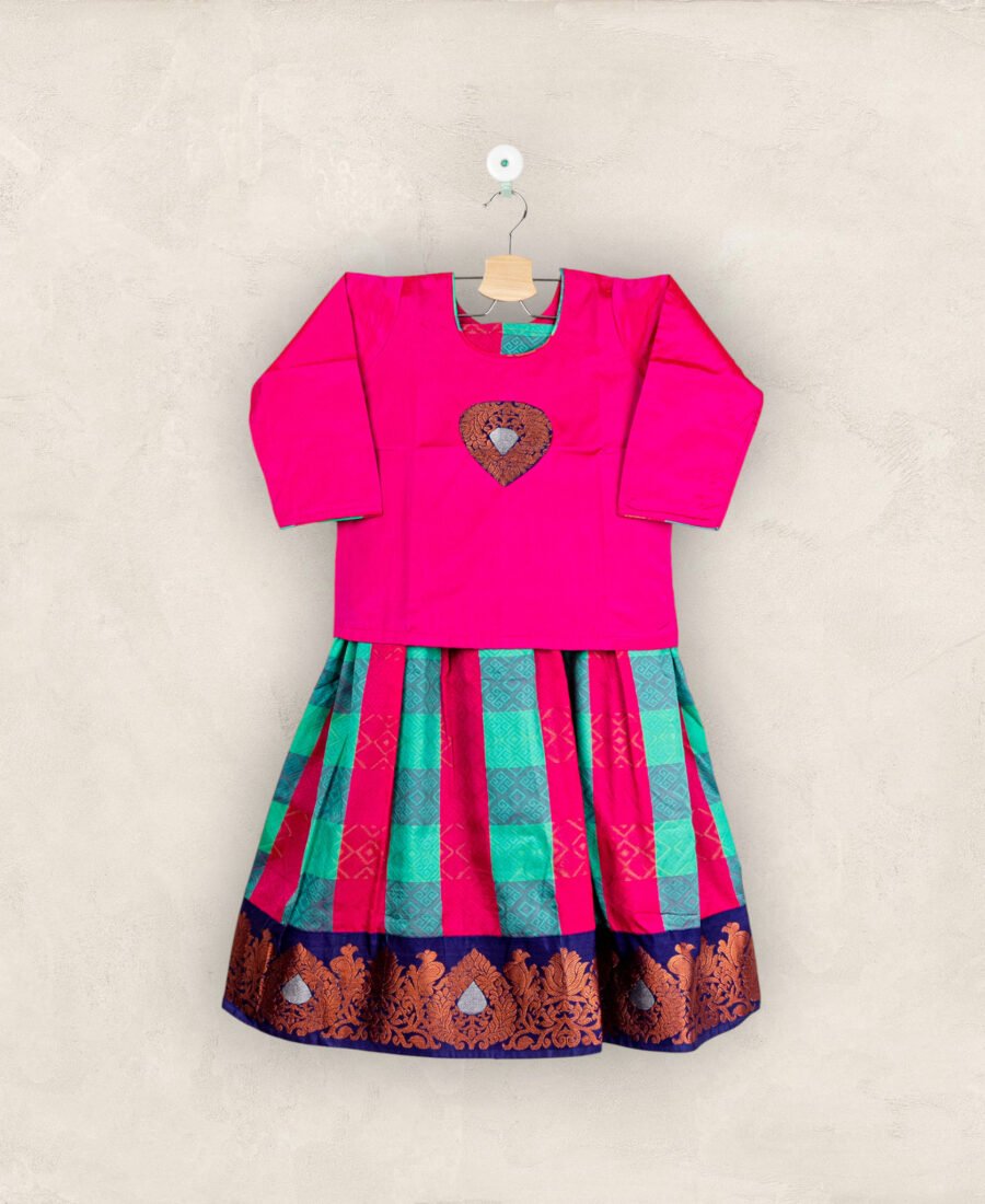 Pink and Green Checked Pavadai with Petal Pink Patch Work Chattai/1-2 Years