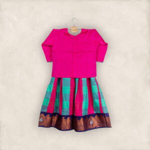 Pink and Green Checked Pavadai with Petal Pink Patch Work Chattai/5-6 Years