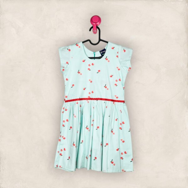 Pista Green Cherry Frock With Mega Sleeve/8_9 years