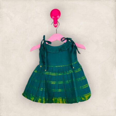 Handloom Cotton Green Tie Up Frock /0-6 Month