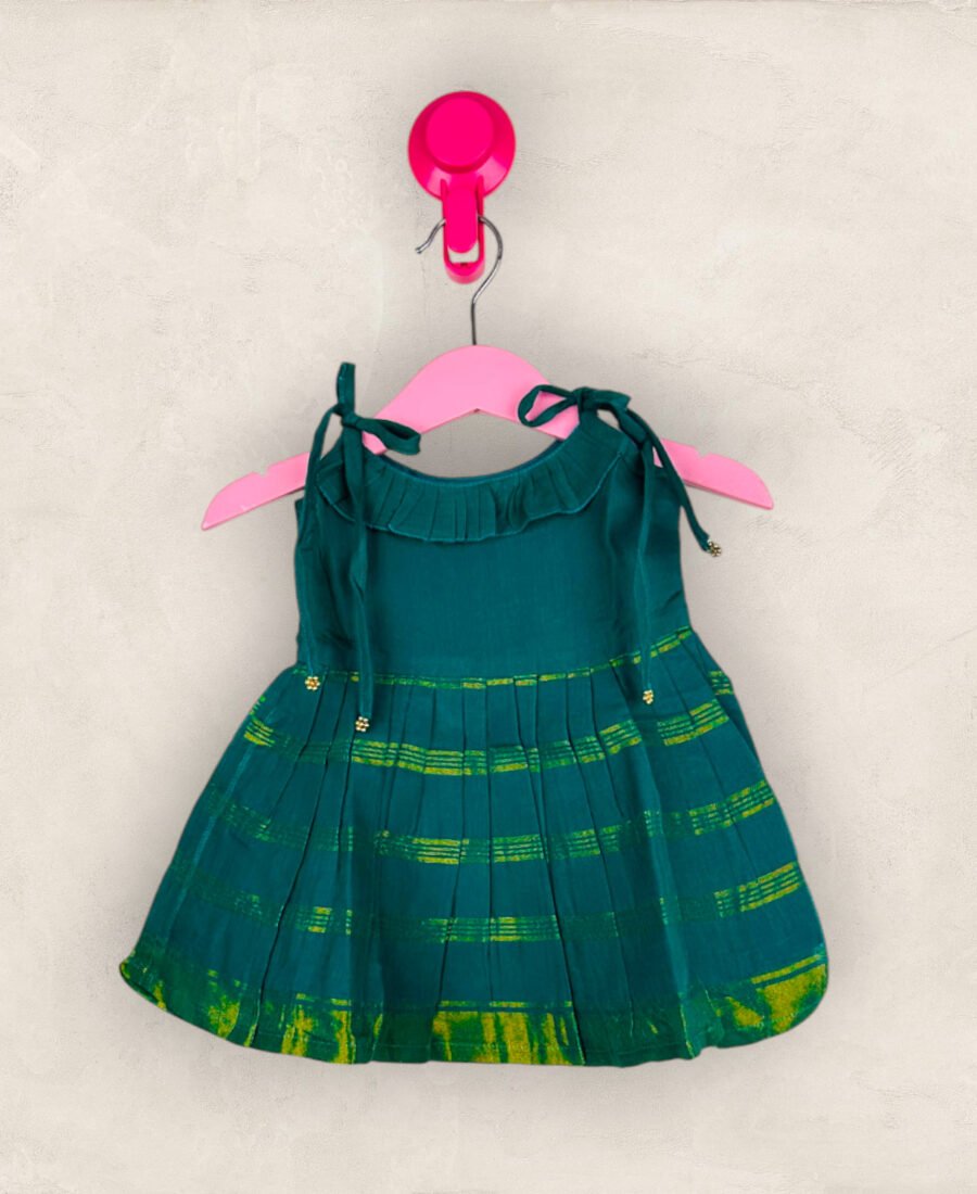 Handloom Cotton Green Tie Up Frock /0-6 Month