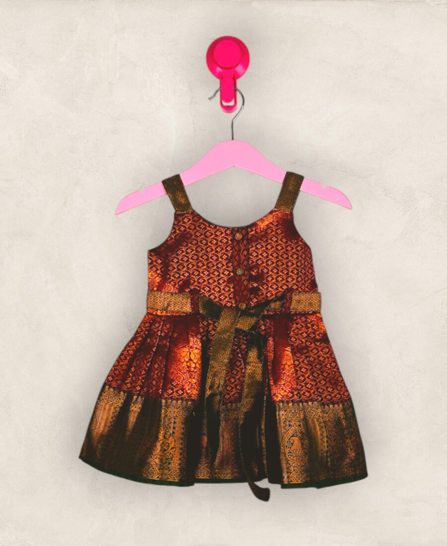 Maroon and Green Jacquard Frock/0-6 Month