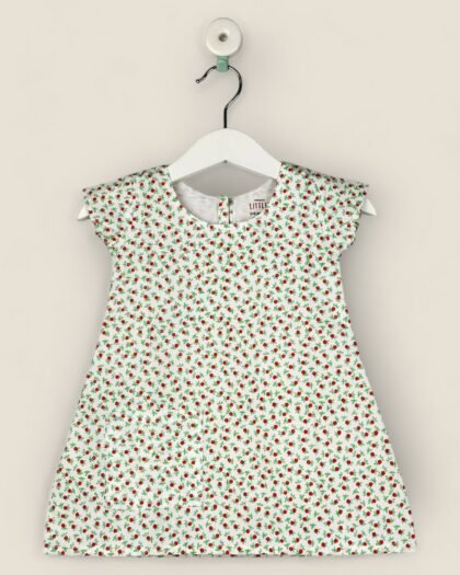 A-Line White And Red Flower Frock/6-12 Month