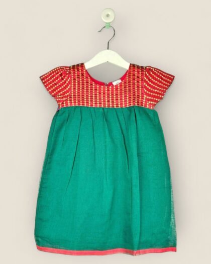 Emerald Green Handloom Cotton  Yoke Frock/2-3 Years