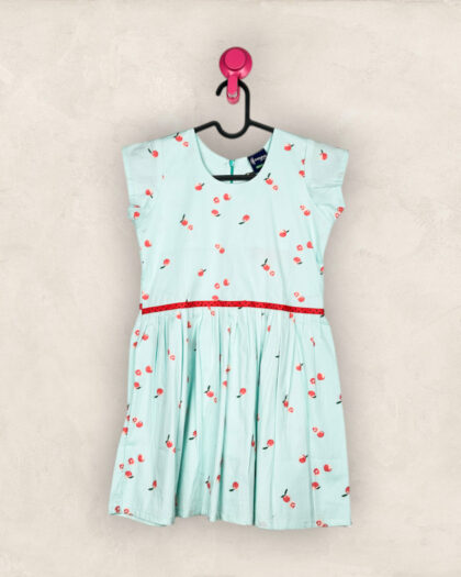 Pista Green Cherry Frock With Mega Sleeve