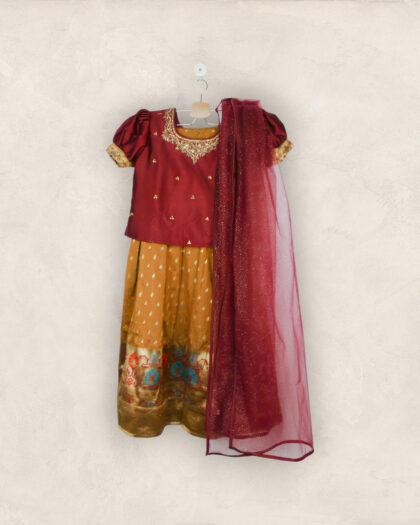Wine And Mustard Lehenga Choli Set With Dupatta/10-11 Years